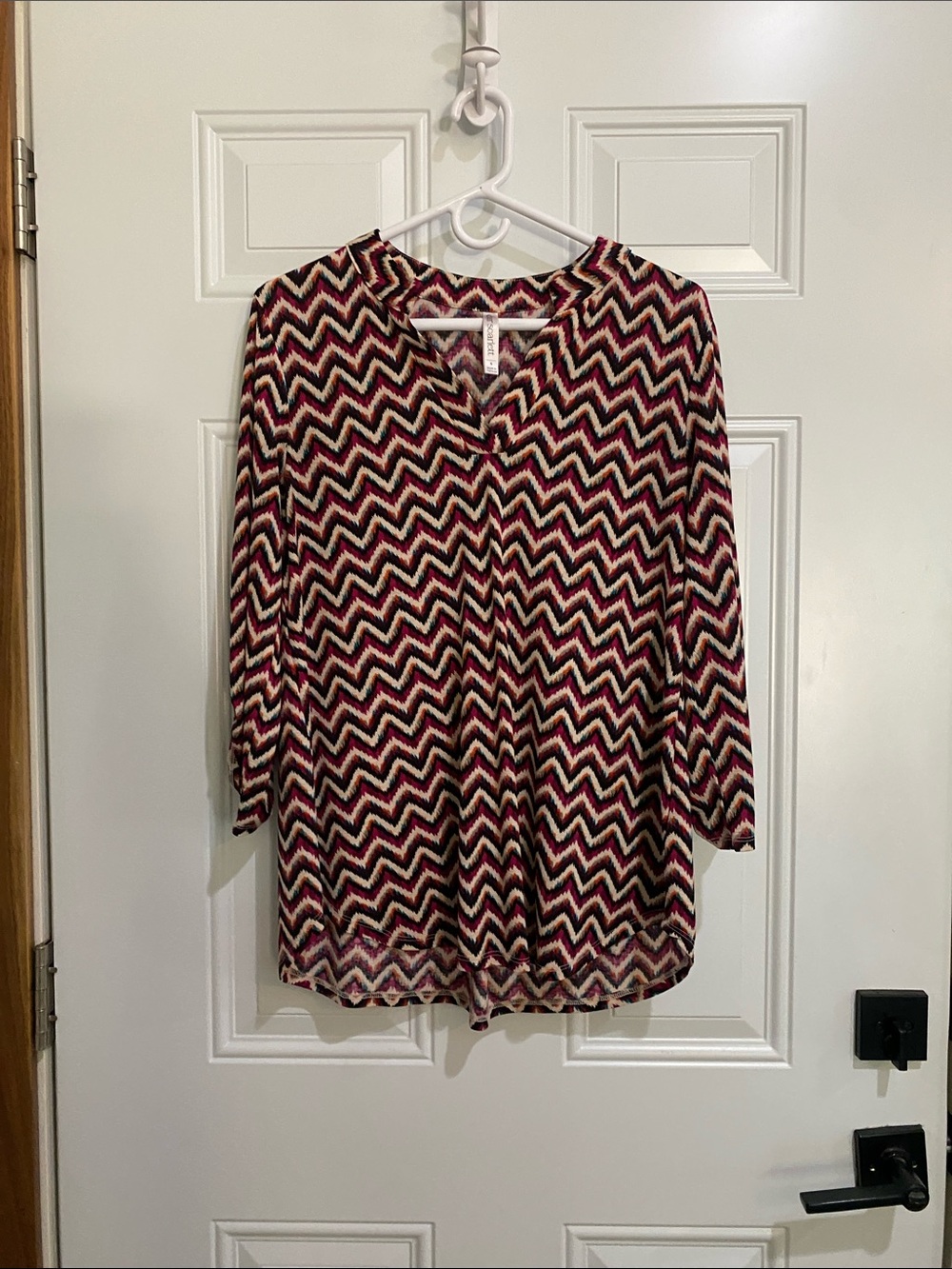 Chevron-Print V-Neck Tunic in Burgundy, Black and Cream. Dear Scarlett